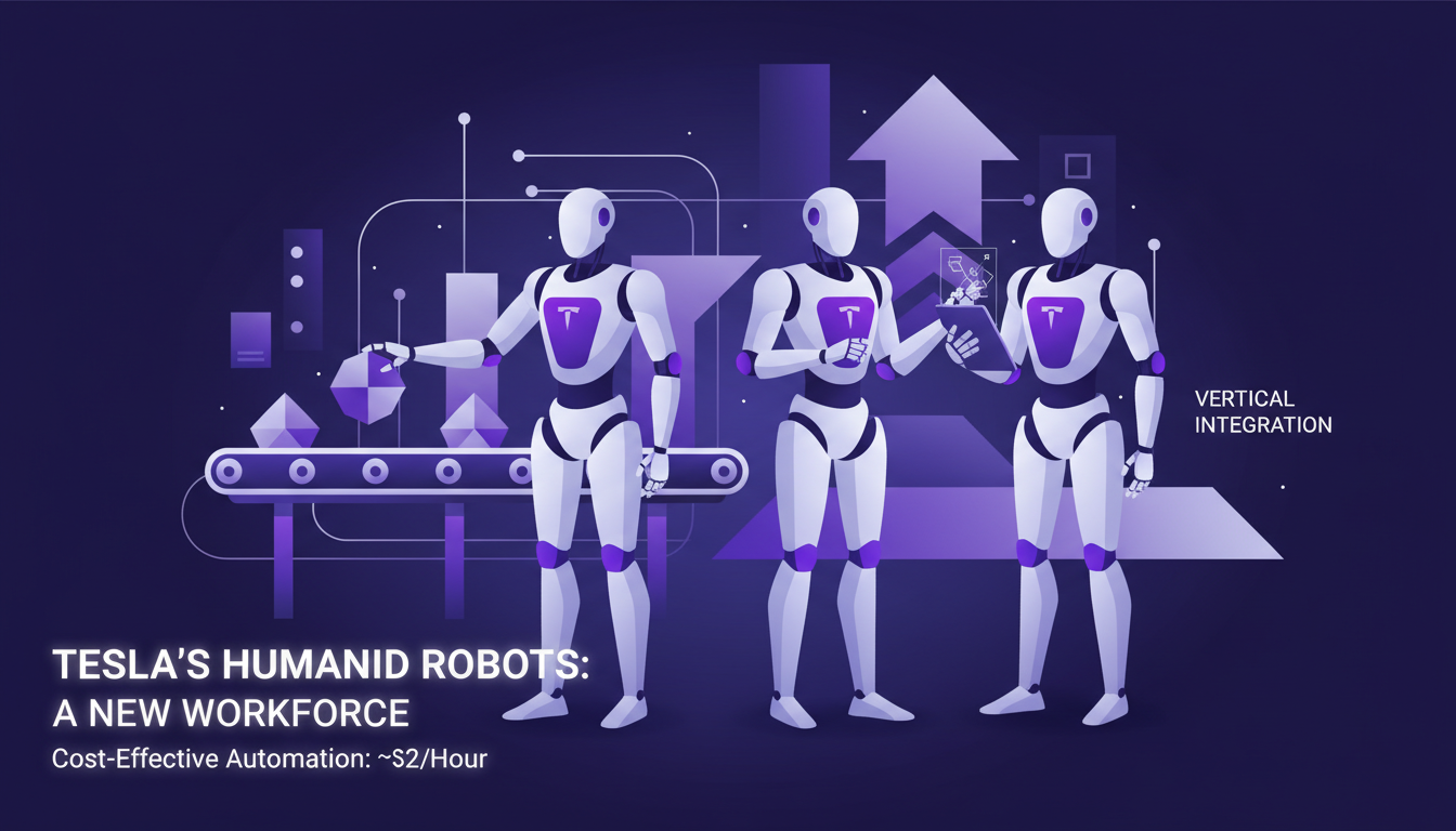 Modern illustration of Tesla humanoid robots integrated into workflows, symbolizing AI innovation and efficiency.