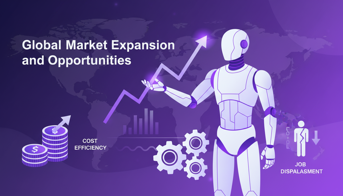 Modern illustration of global humanoid robot market expansion, AI automation opportunities, featuring geometric shapes and gradient overlays.