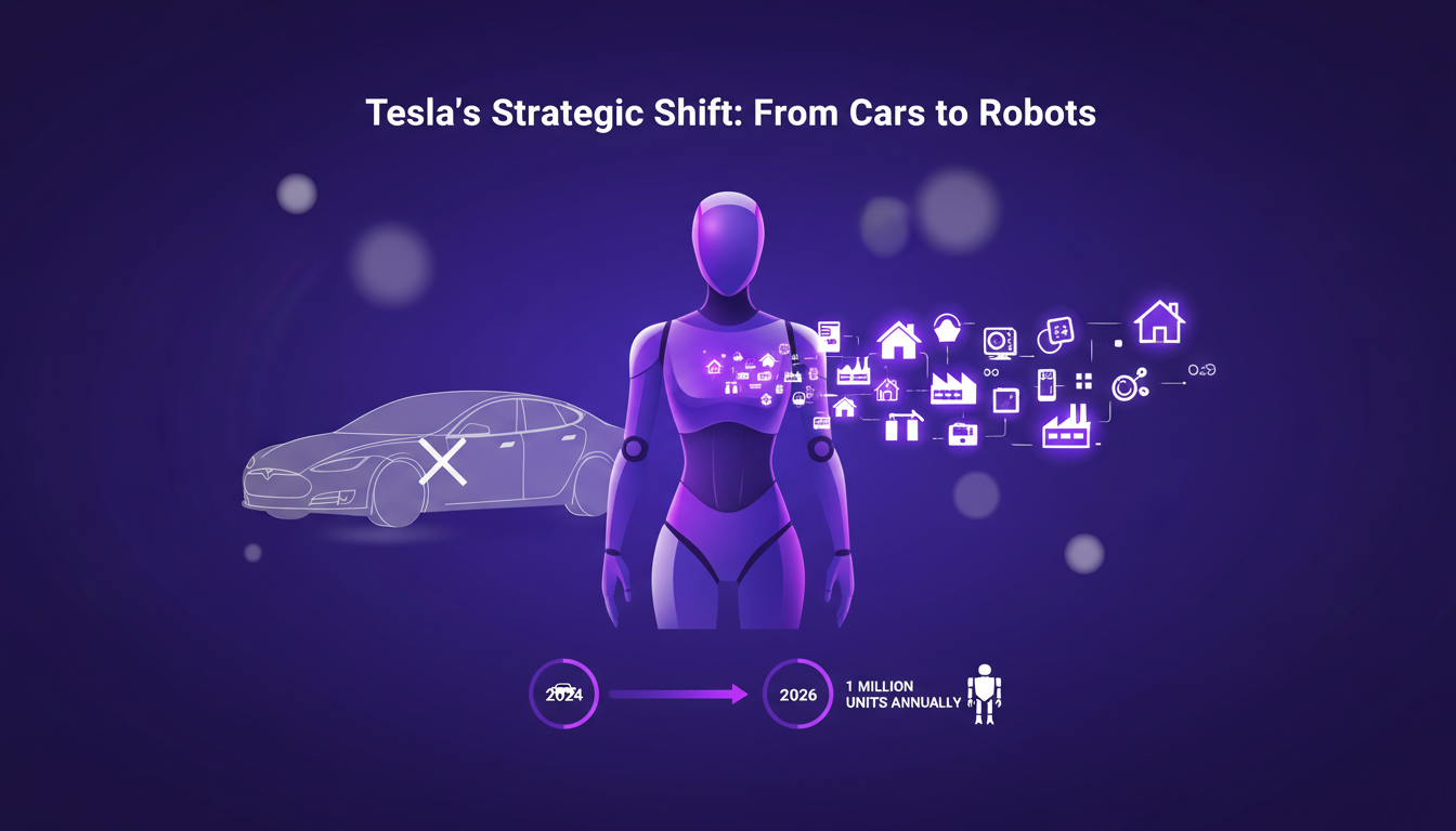 Illustration moderne de Tesla passant des voitures aux robots humanoïdes, reflétant la vision d'Elon Musk pour l'intégration de la robotique.