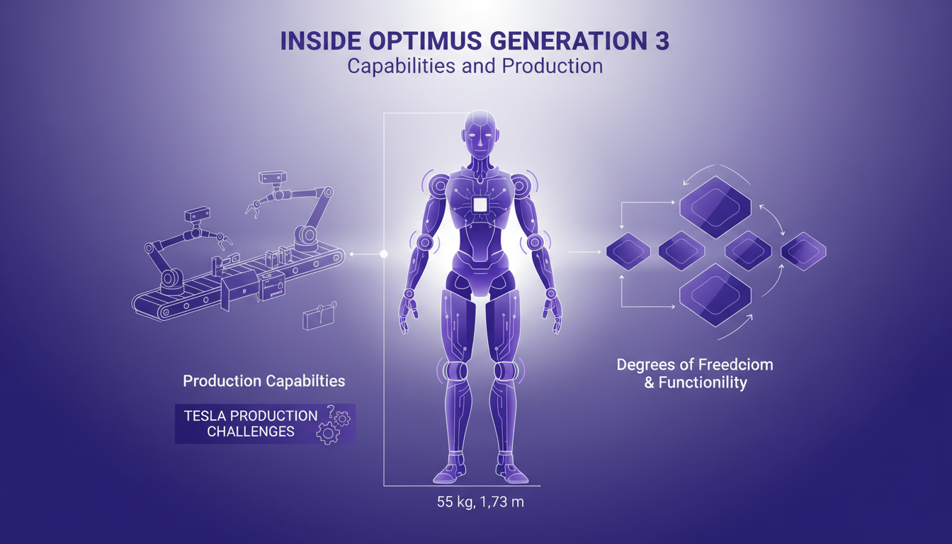 Illustration moderne de l'Optimus Gen 3 montrant ses capacités de production, 55 kg, 1,73 m, dans un style minimaliste et professionnel.