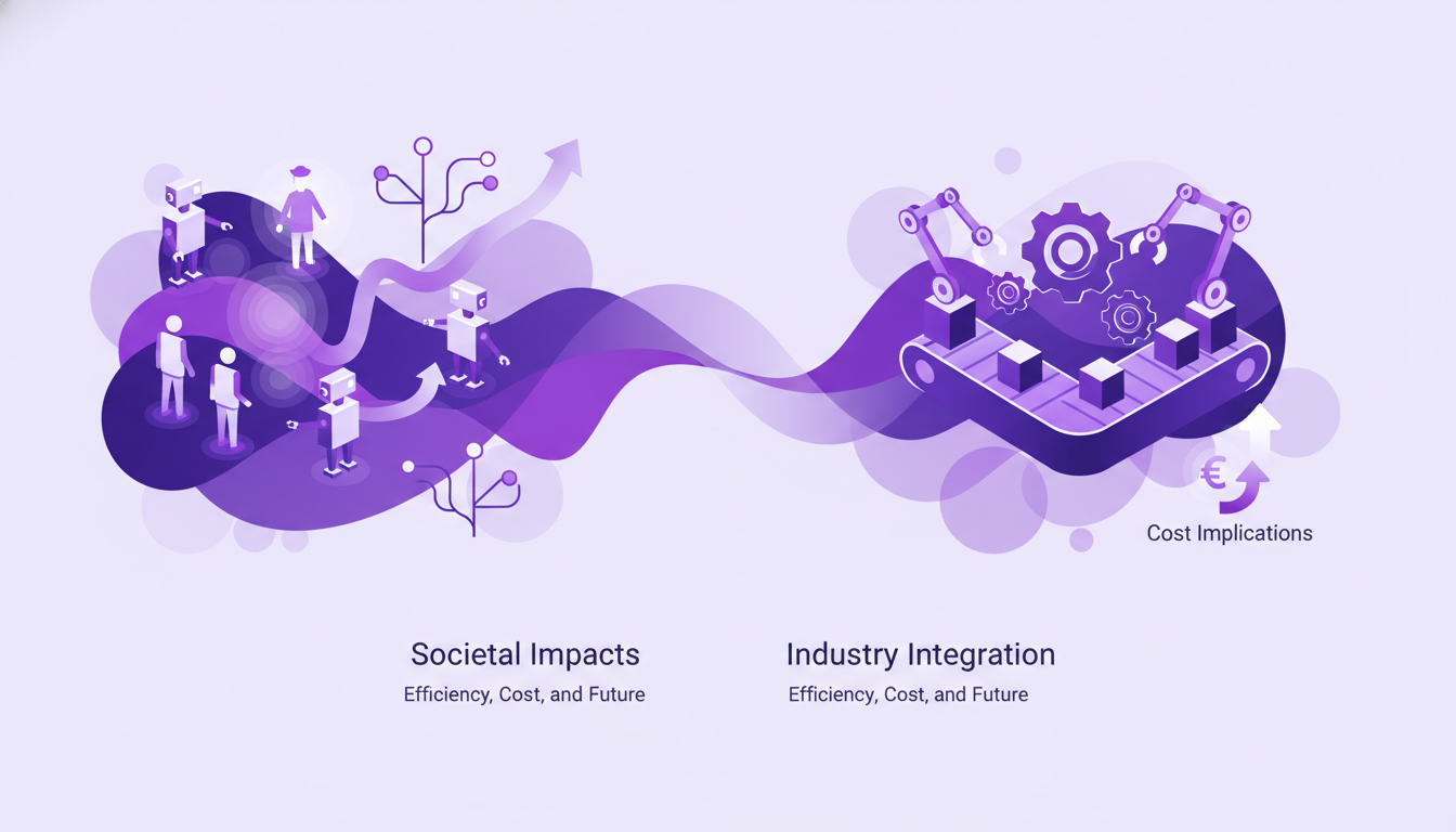 Illustration moderne montrant l'intégration des robots dans l'industrie, impact sociétal, gains d'efficacité, palette indigo et violet.