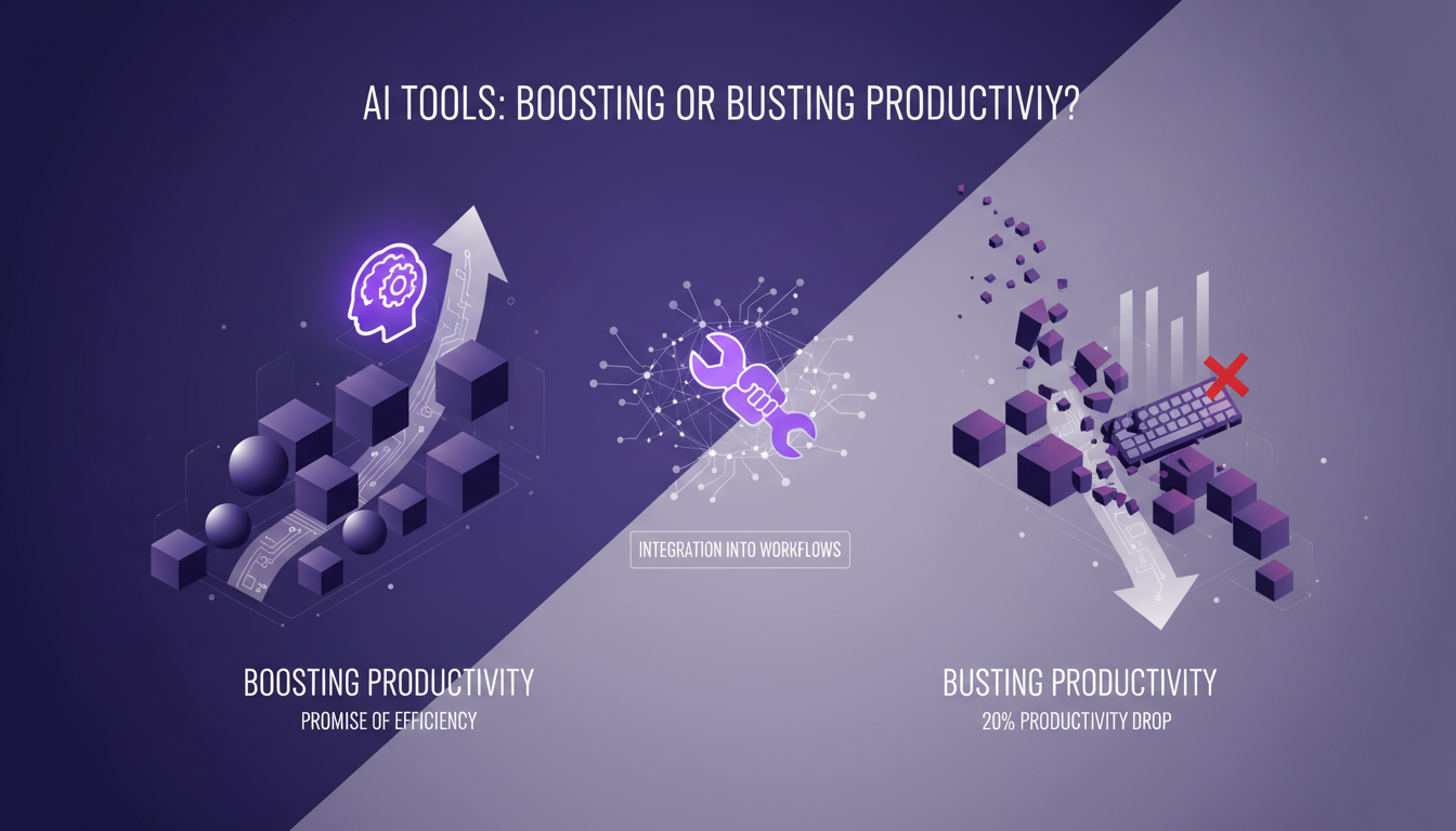 Illustration moderne d'outils AI influençant la productivité, montrant une baisse de 20% dans certains cas, avec intégration de workflow.