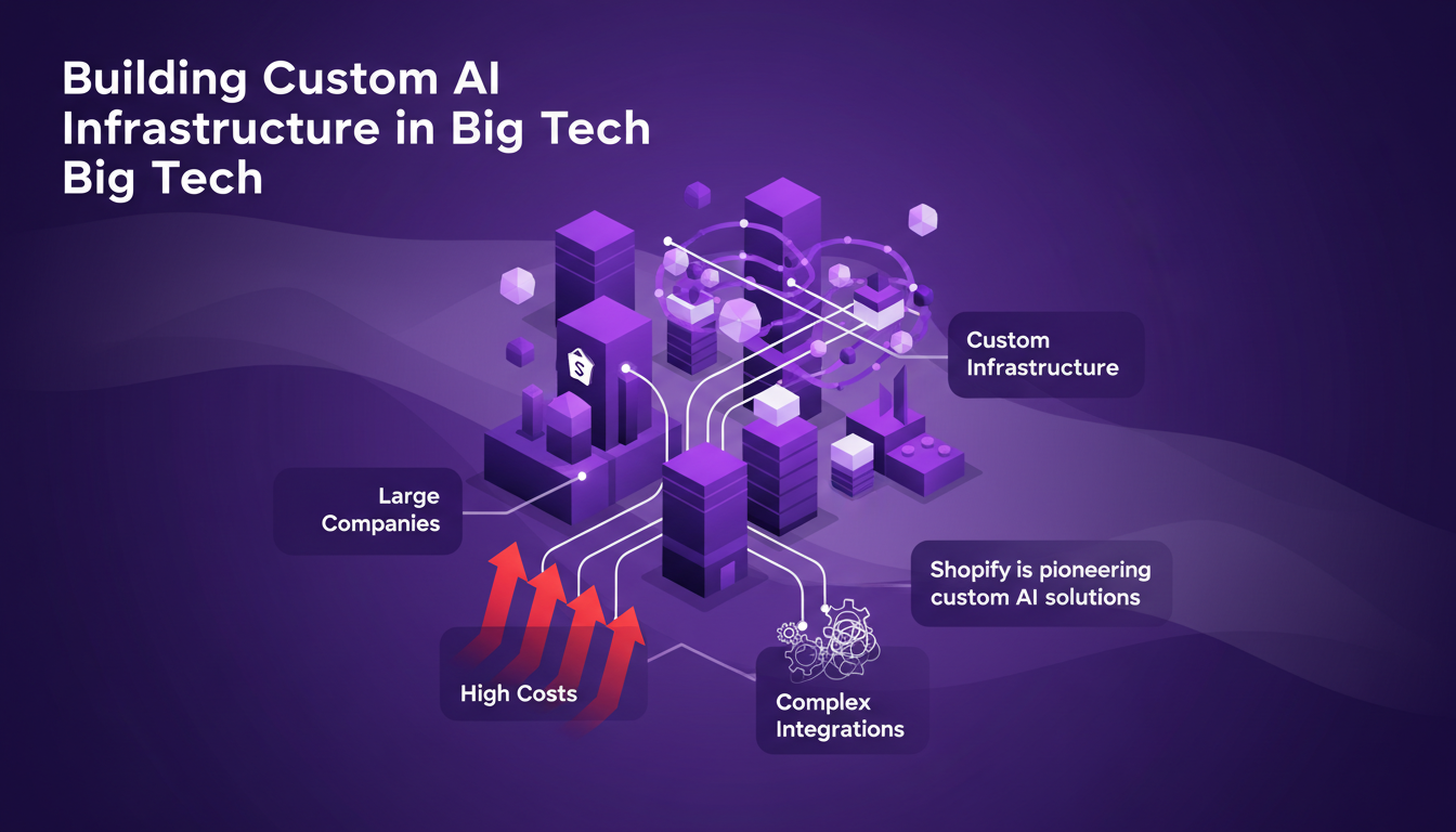 Illustration moderne de l'infrastructure AI personnalisée dans les grandes entreprises comme Shopify, avec formes géométriques et dégradés violets.