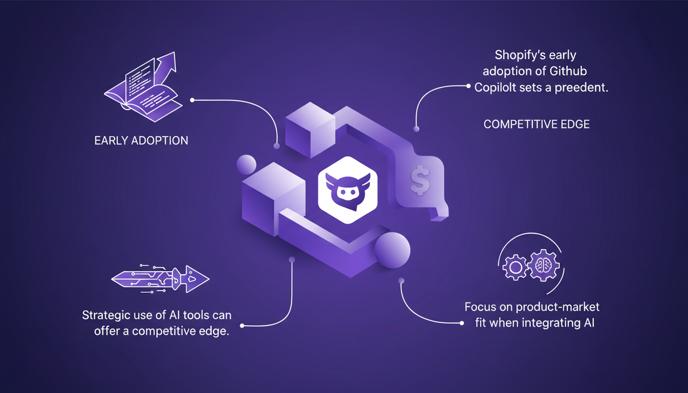 Illustration moderne de l'adoption stratégique de l'IA par Shopify, utilisant GitHub Copilot, avec des formes géométriques et des dégradés violets.