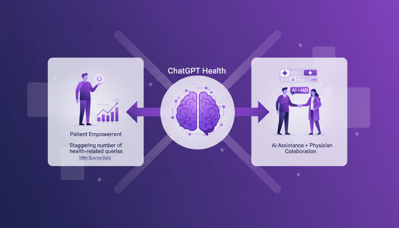 Illustration moderne de ChatGPT Santé, montrant l'autonomisation des patients grâce à l'IA dans un style minimaliste et professionnel.