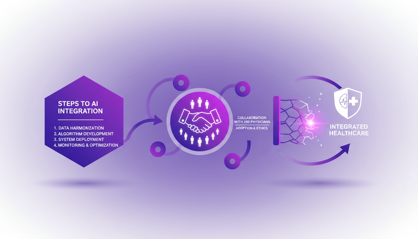 Illustration moderne de l'intégration de l'IA dans les systèmes de santé, montrant collaboration avec 250 médecins, surmontant les obstacles.