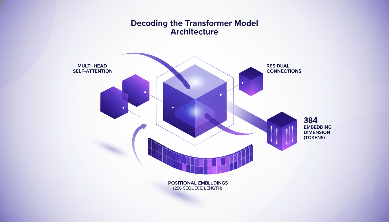 Illustration moderne du modèle Transformer décomposé, montrant l'attention multi-têtes, connexions résiduelles, et embeddings positionnels.