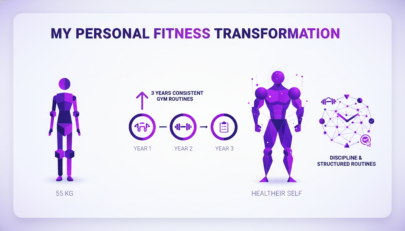 Illustration moderne de transformation fitness, de 55 kilos à une version plus saine, trois ans de gym, discipline quotidienne.
