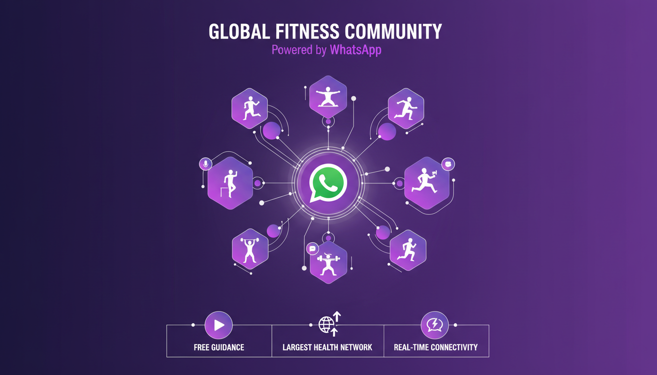Illustration moderne de la création d'une communauté mondiale de fitness via WhatsApp, utilisant des formes géométriques et des dégradés violets.