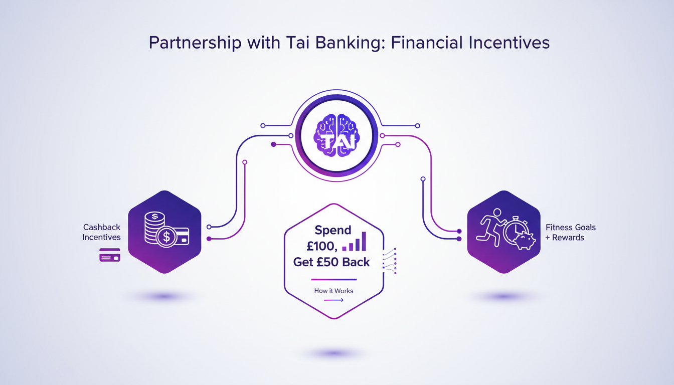 Illustration moderne de partenariat bancaire Tai avec incitations financières, intégration de cashback dans les objectifs de fitness, design minimaliste.
