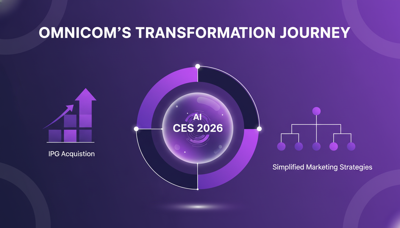 Illustration minimaliste de la transformation d'Omnicom, montrant l'impact de l'acquisition d'IPG et la simplification des stratégies marketing à CES 2026.