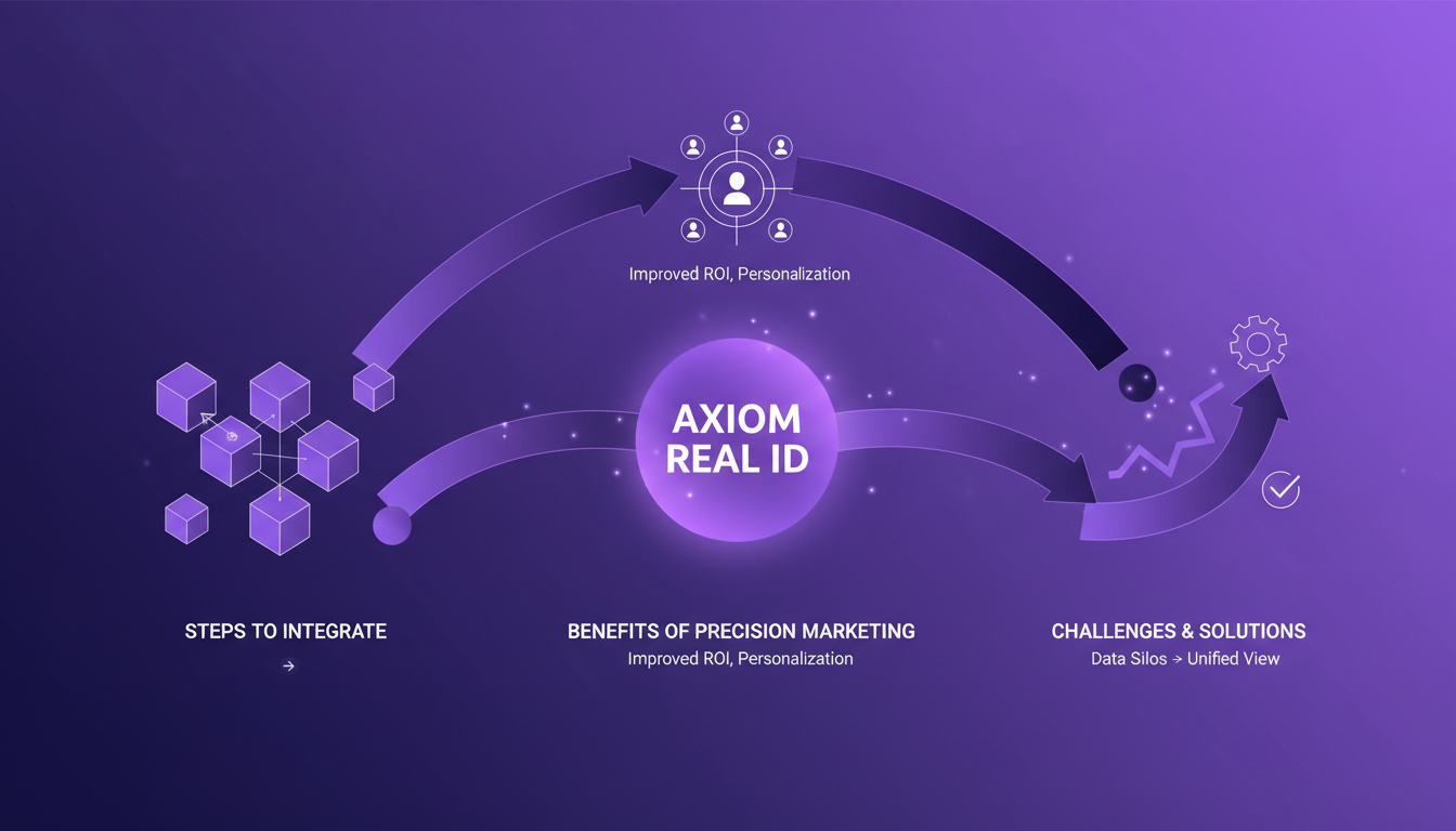 Illustration moderne de l'intégration d'Axiom Real ID pour le marketing de précision, avec des formes géométriques et des dégradés indigo et violet.