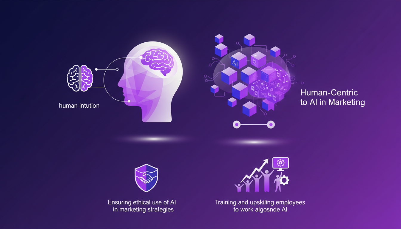 Illustration moderne de l'approche humaine de l'IA en marketing, alliant intuition humaine et capacités de l'IA, avec des formes géométriques.