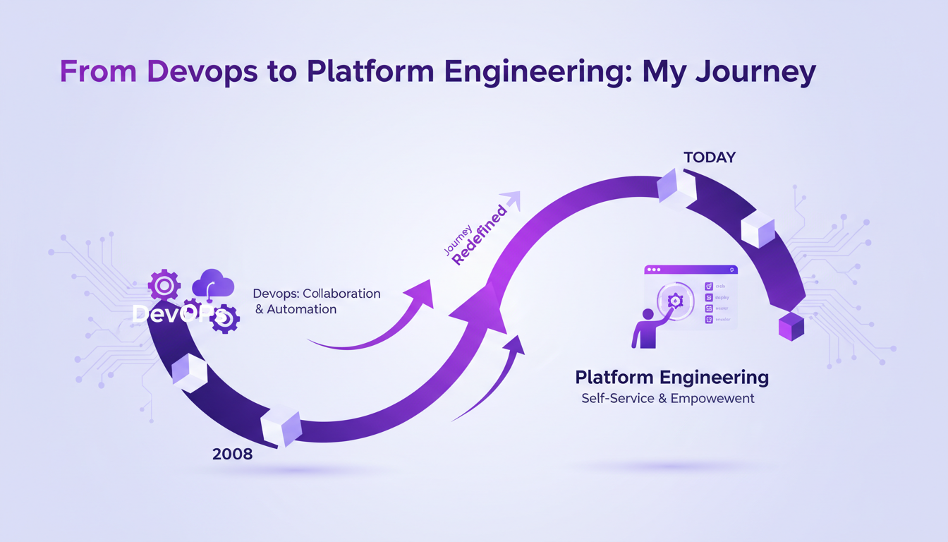 Modern minimalist illustration of transitioning from DevOps to platform engineering, featuring geometric shapes and violet gradients.