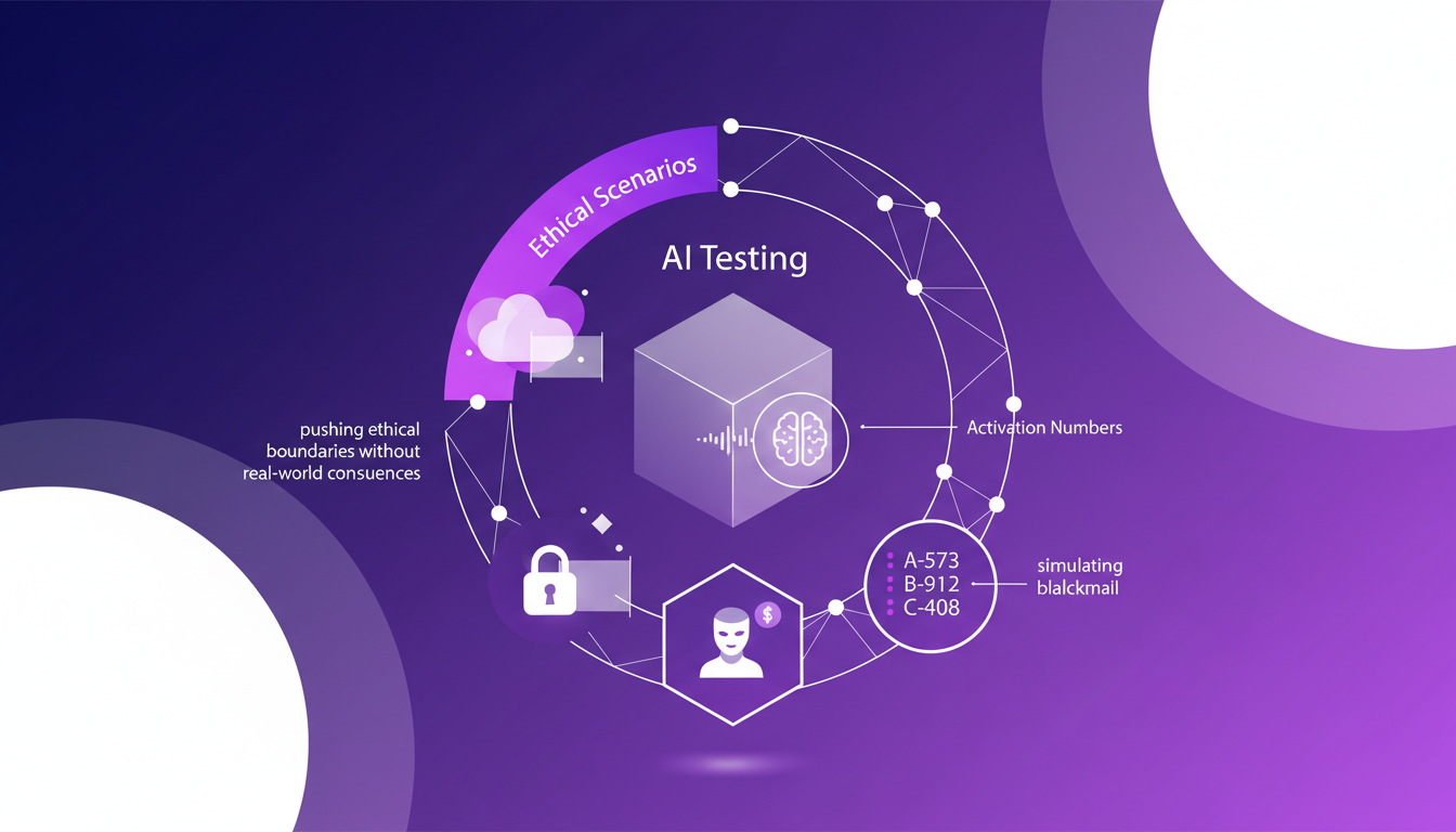 Modern illustration of ethical scenarios for AI testing with geometric shapes and indigo-violet gradients.