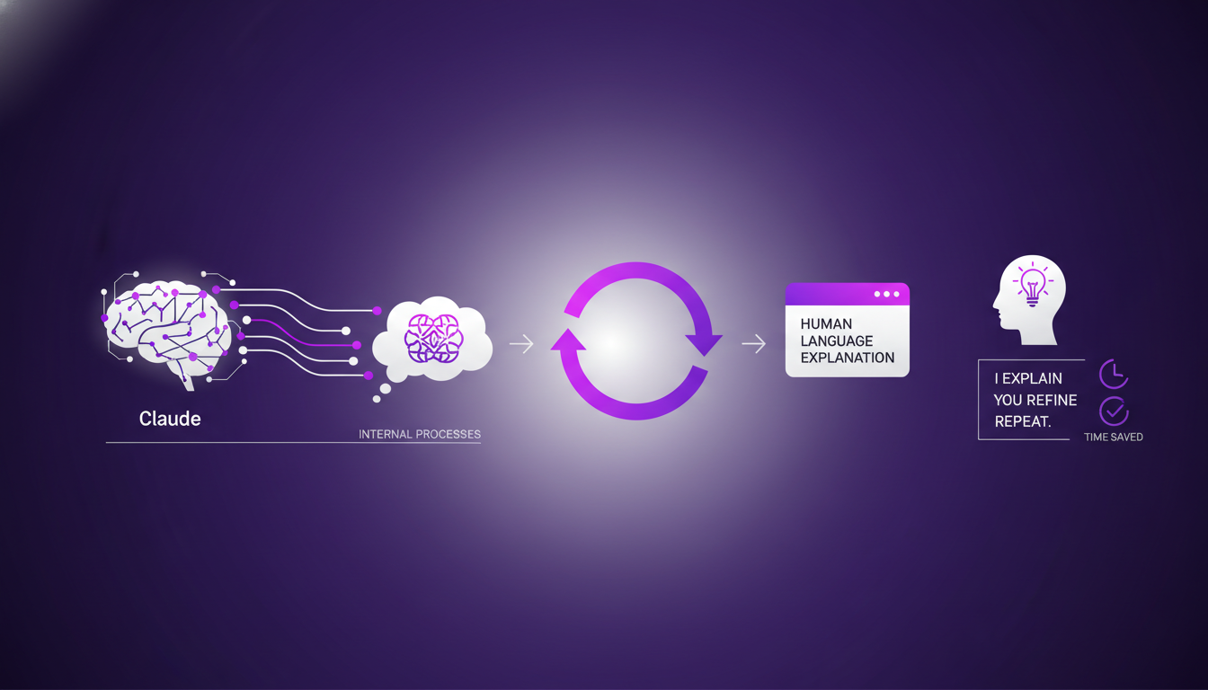 Modern illustration of training AI to translate its thoughts, featuring geometric shapes and indigo and violet colors.