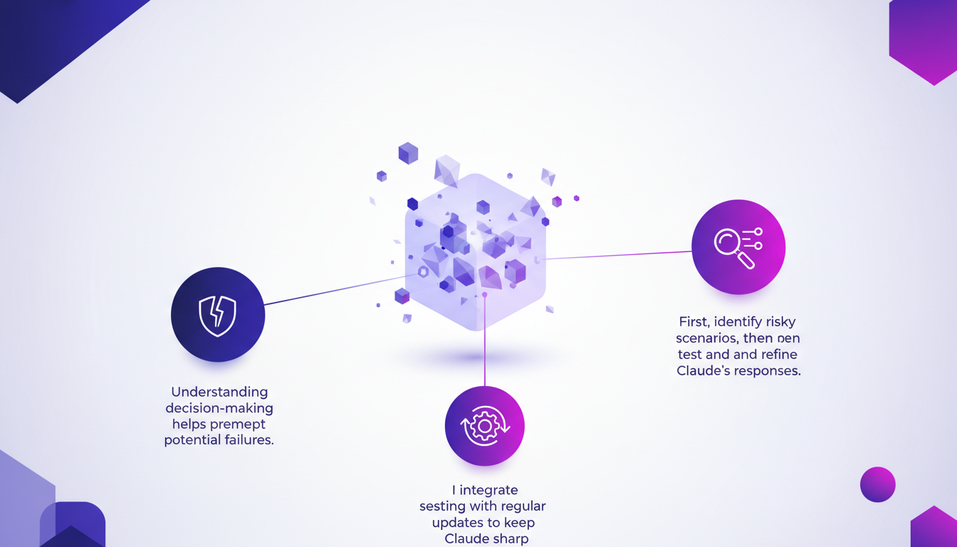 Modern illustration of AI decision-making and safety testing, featuring geometric shapes and indigo-violet gradients.