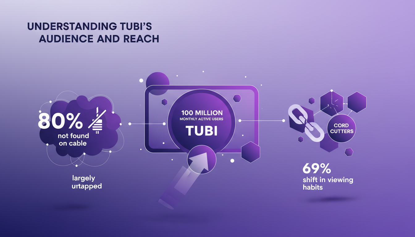 Illustration moderne sur l'audience de Tubi : 100 millions d'utilisateurs mensuels, 69% sont des cord cutters, 80% hors câble.