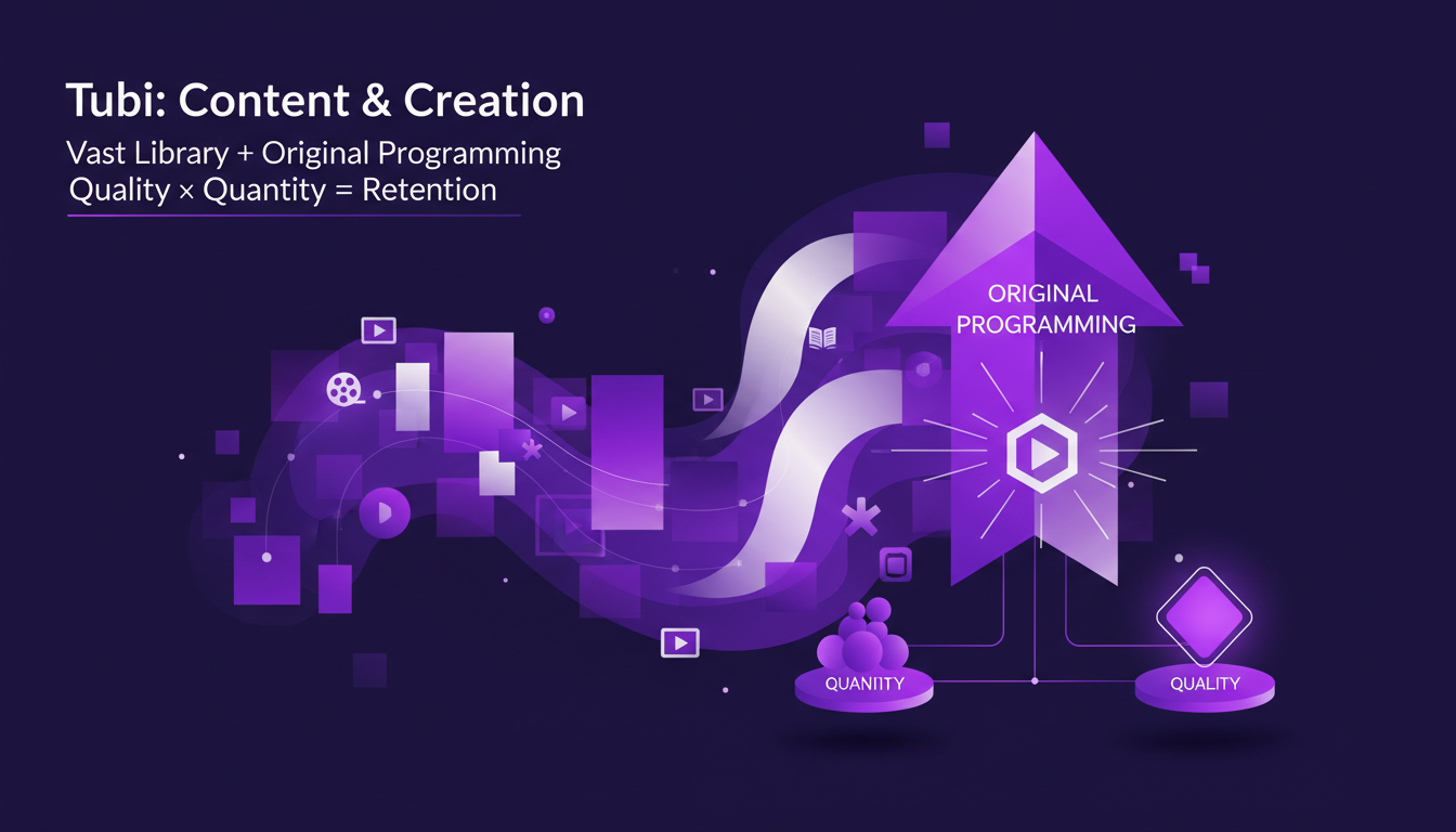 Illustration moderne et minimaliste de la bibliothèque de contenu et des programmes originaux de Tubi, avec formes géométriques et dégradés.