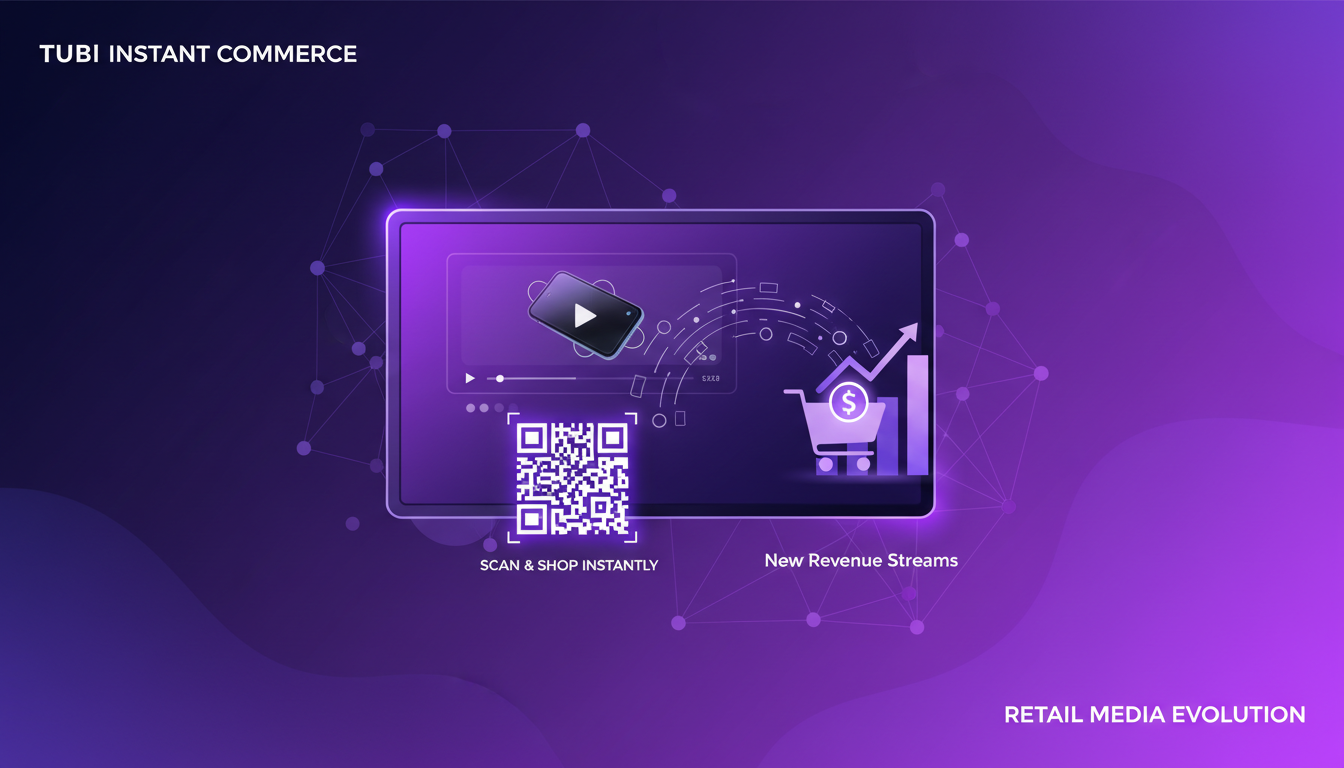 Illustration moderne de médias de détail et commerce instantané avec QR code, intégration Tubi, formes géométriques, dégradés indigo et violet.