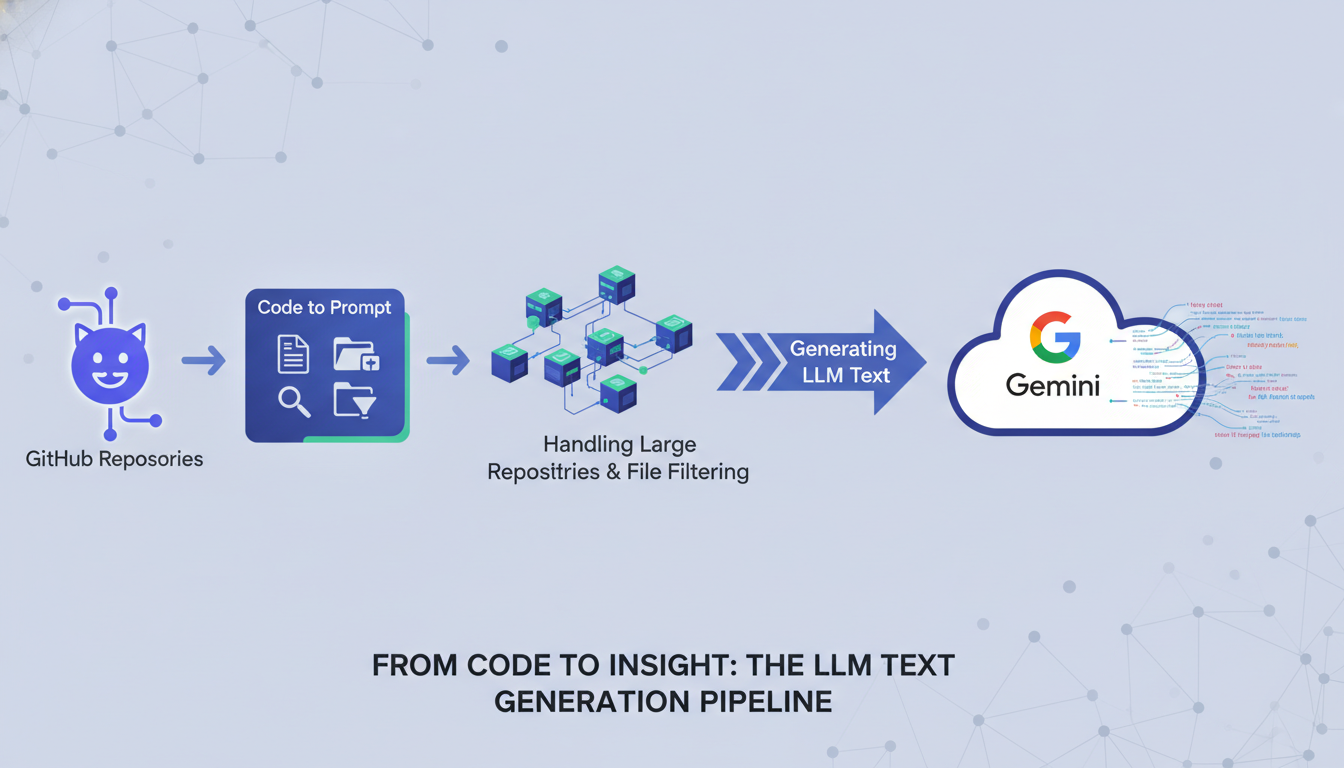 Modern illustration depicting converting GitHub repositories into LLM text, step-by-step process using Code to Prompt.
