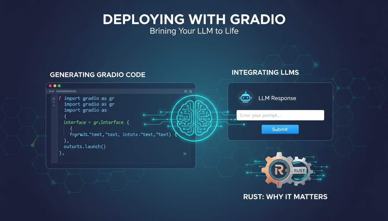 Modern illustration of Gradio concepts, LLM integration, importance of Rust language for frontend applications