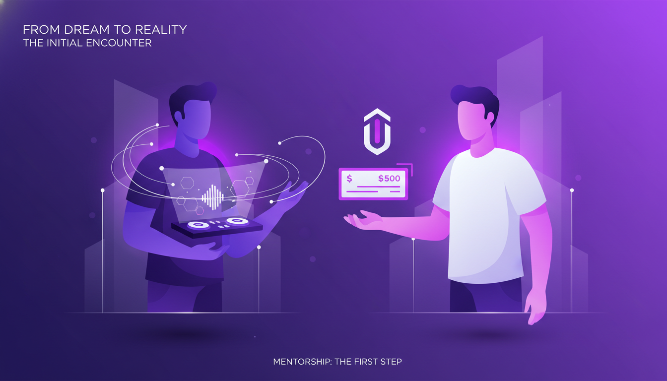 Modern minimalist illustration of a professional encounter between Daryl and Simon, symbolizing Daryl's DJ dream with indigo and violet hues.