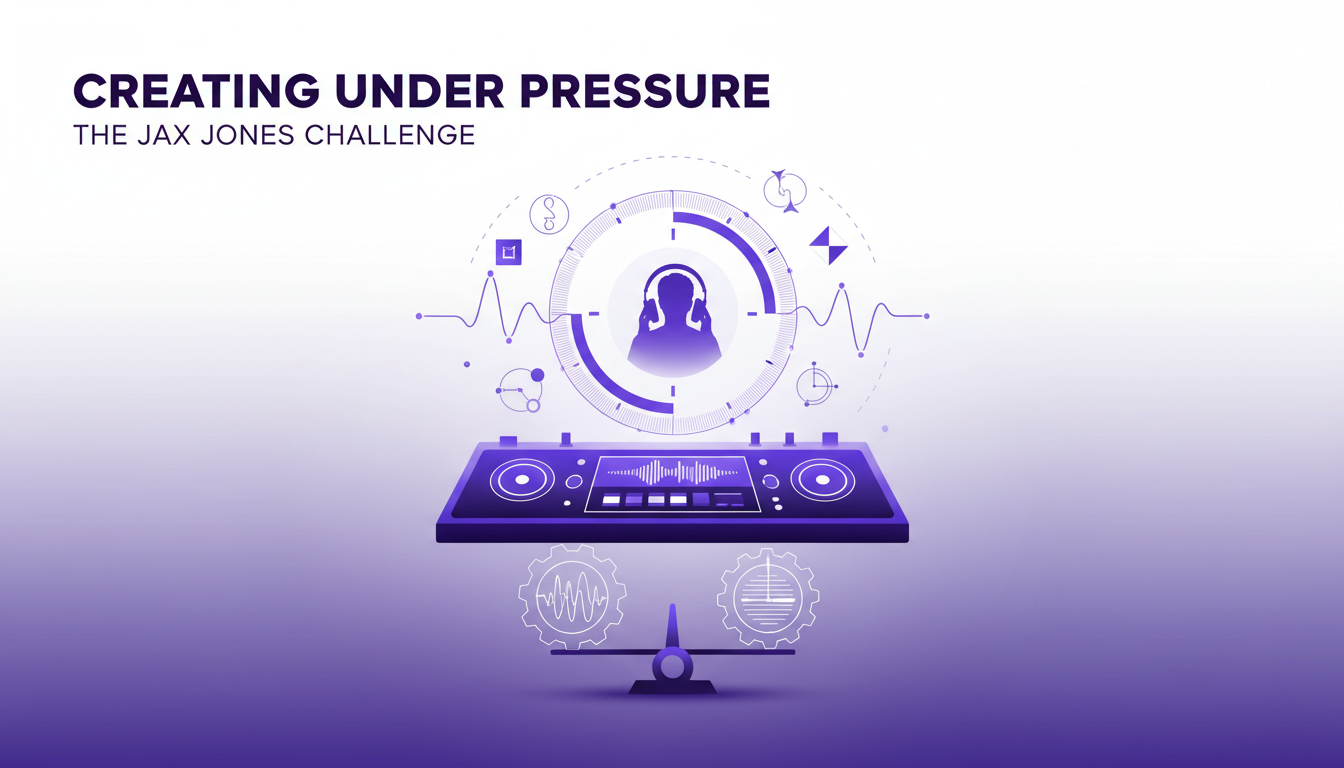 Modern illustration of the Jax Jones challenge: create music in 4 hours, strategy and creativity under pressure, minimalist style.