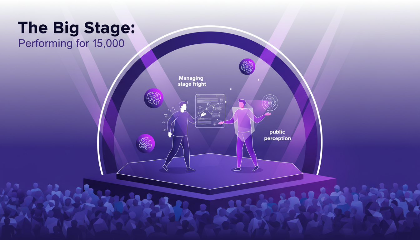 Modern illustration of a big stage with 15,000 audience, depicting Daryl overcoming nerves using innovative techniques.