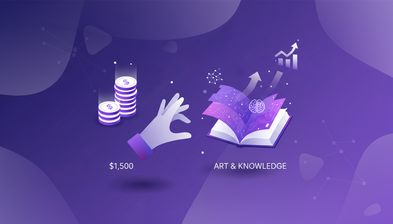 Modern minimalist illustration of choosing $1,500 or an art book, symbolizing educational value over immediate financial gain.