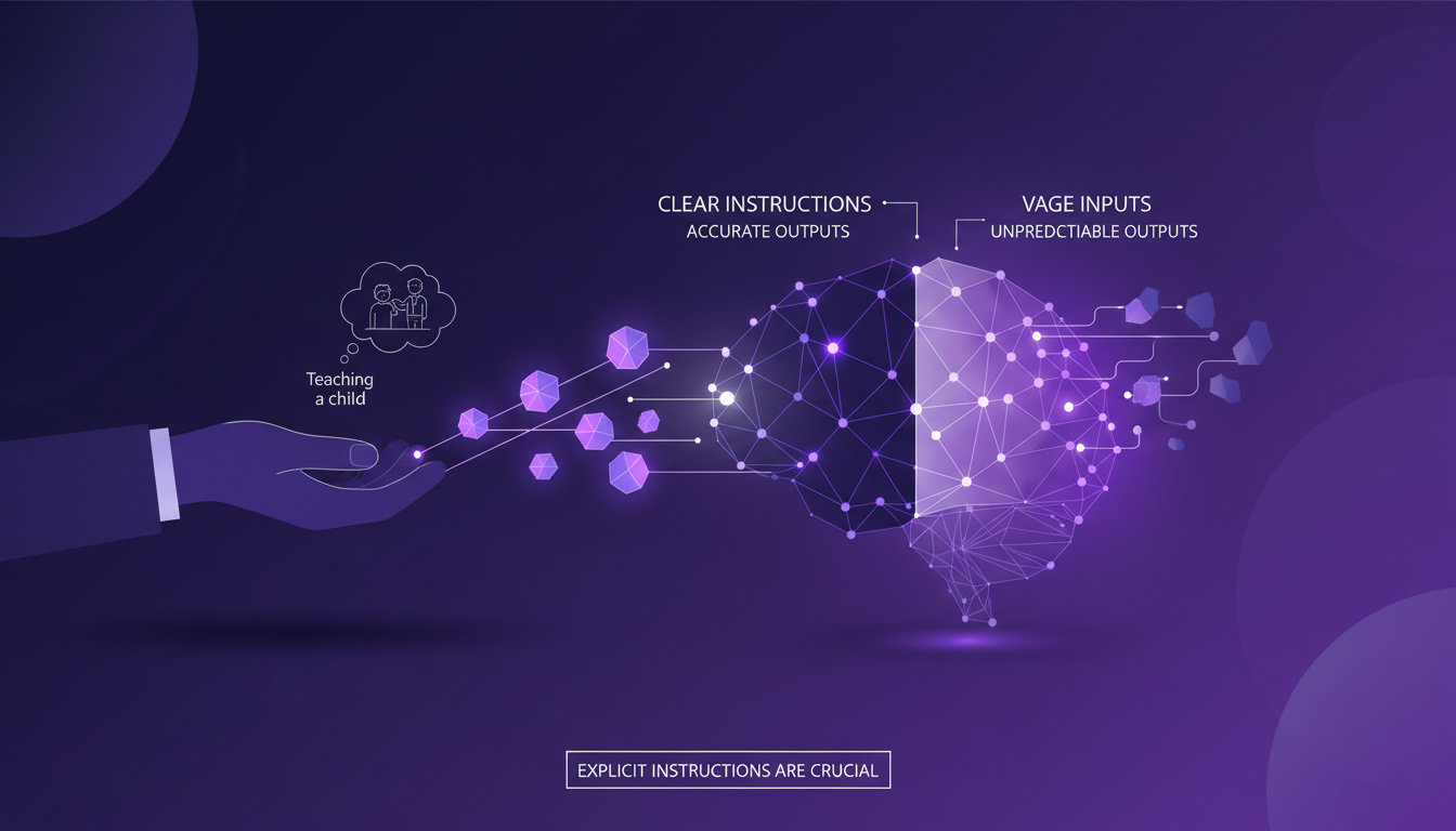Modern illustration of AI training with clear instructions, featuring geometric shapes and indigo and violet colors.