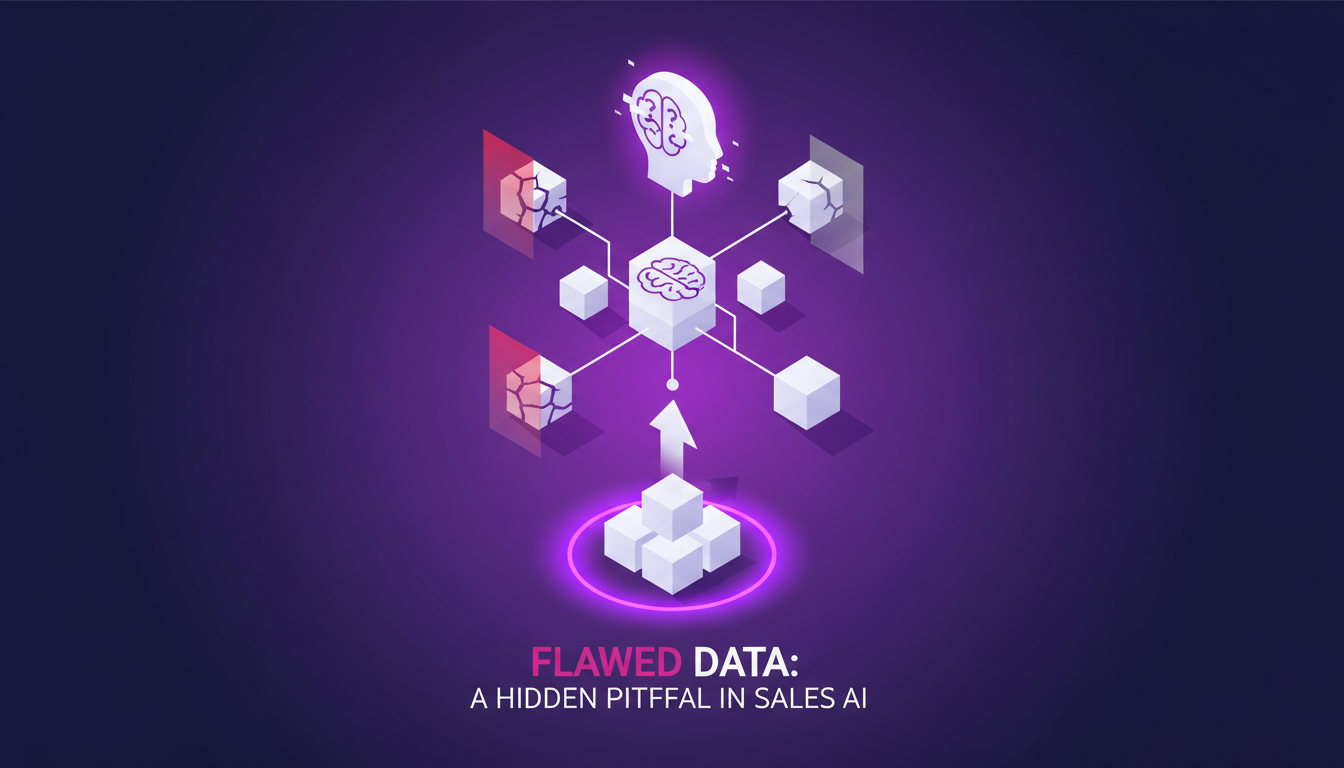 Modern illustration of flawed sales data highlighting AI challenges with biased data, featuring indigo and violet colors, geometric shapes.