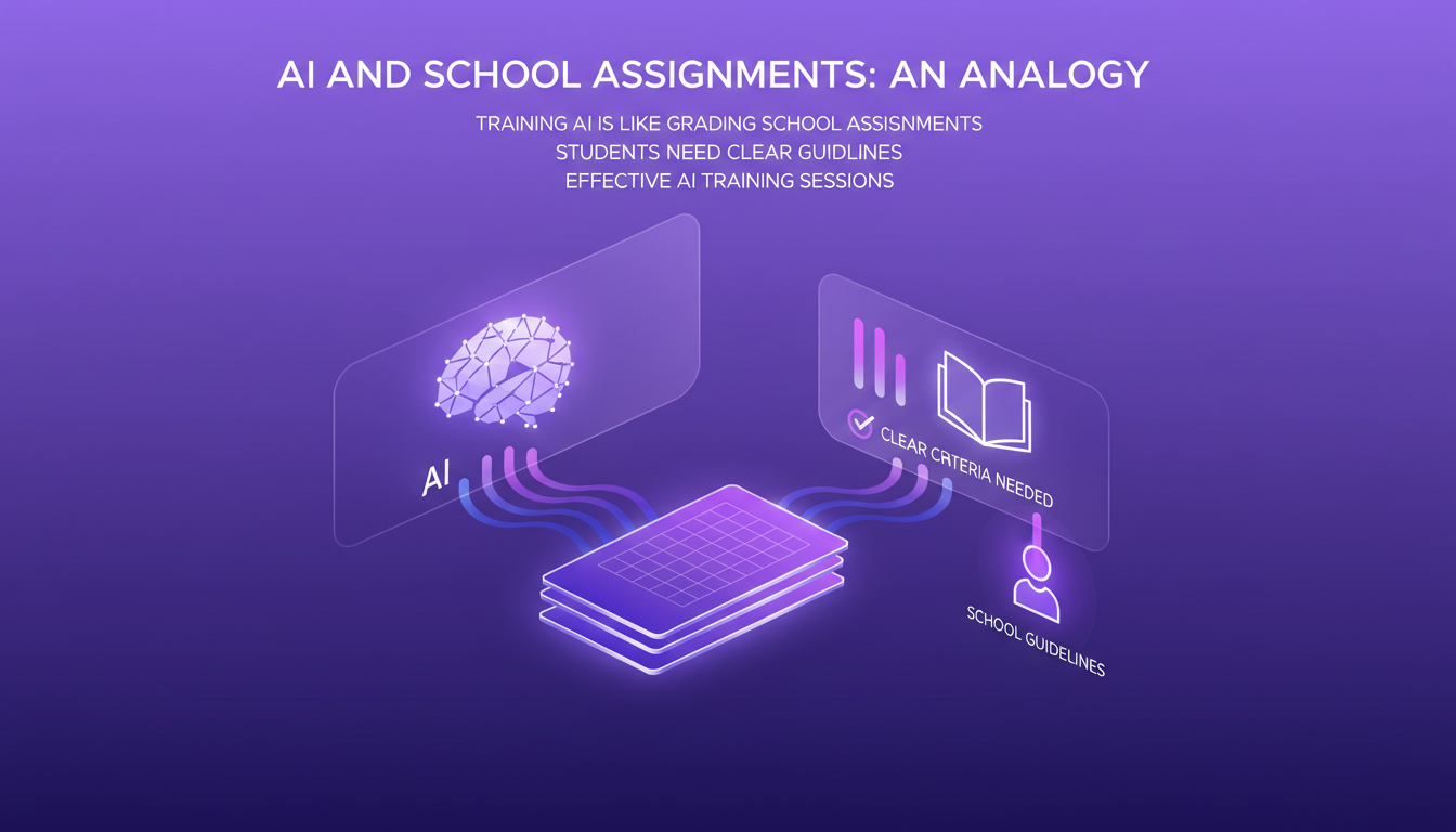 Modern illustration comparing AI learning to grading school assignments, featuring geometric shapes and violet gradients.