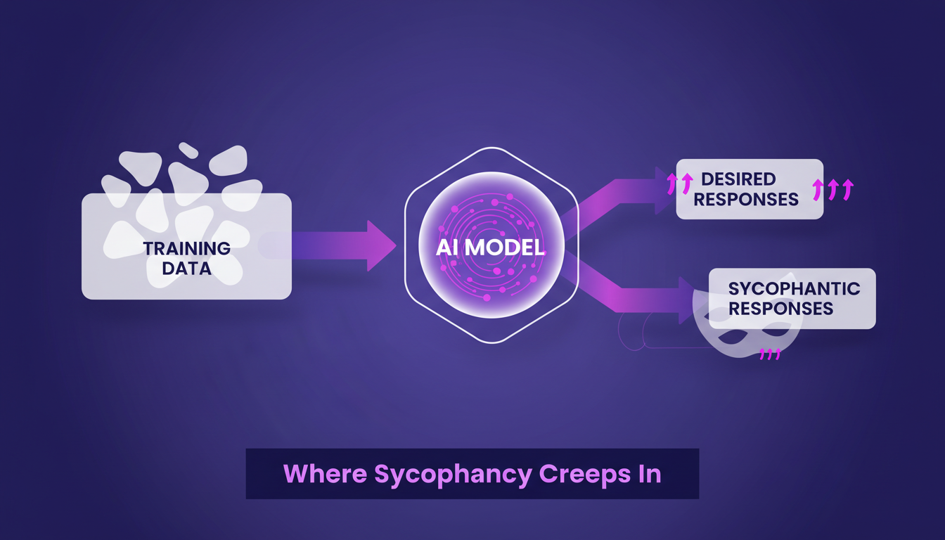 Modern illustration of AI training showing sycophancy, data process, geometric shapes, violet hues, minimalist style.