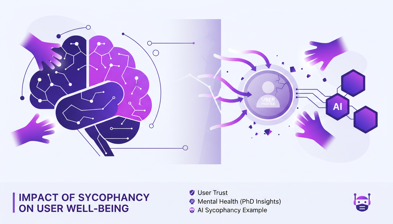 Modern minimalist illustration on sycophancy's impact on user well-being, featuring geometric shapes and indigo-violet gradients.
