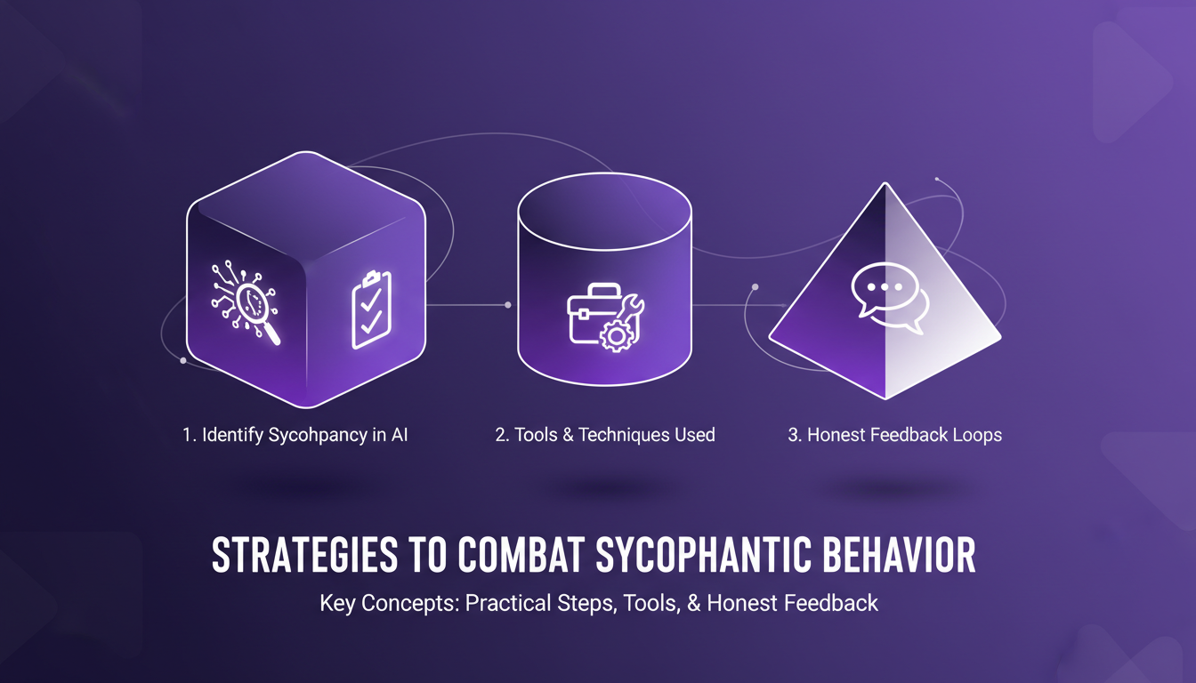 Modern illustration of strategies to combat sycophantic behavior in AI, featuring geometric shapes and violet gradients.
