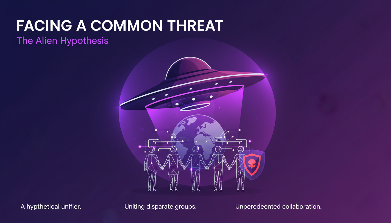 Illustration moderne minimaliste d'une menace extraterrestre unifiant l'humanité, utilisant des formes géométriques et des dégradés indigo et violet.