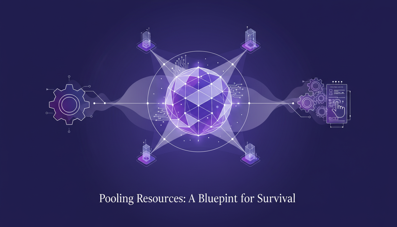 Illustration moderne minimaliste sur la mise en commun des ressources mondiales, montrant des formes géométriques et des dégradés violets.