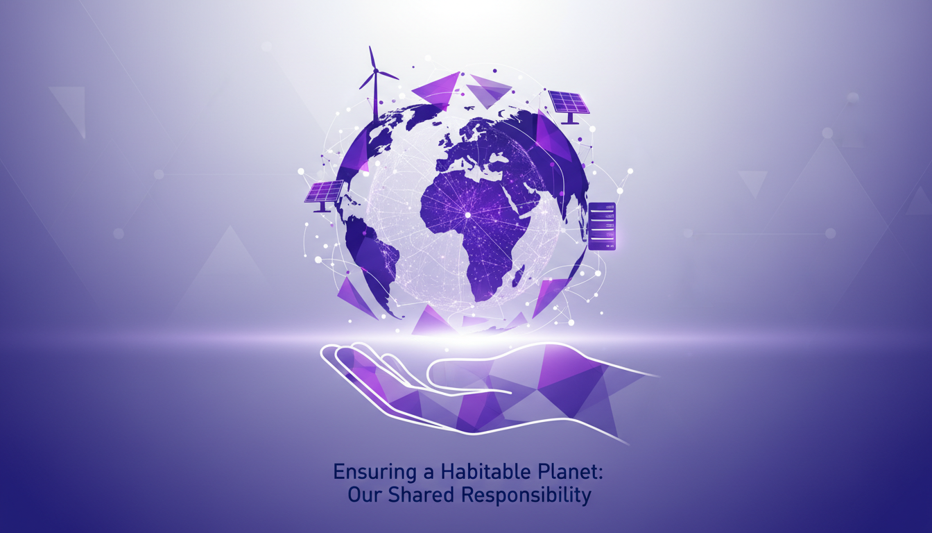 Illustration moderne sur la coopération mondiale pour un planète habitable, intégrant technologie AI et pratiques durables.