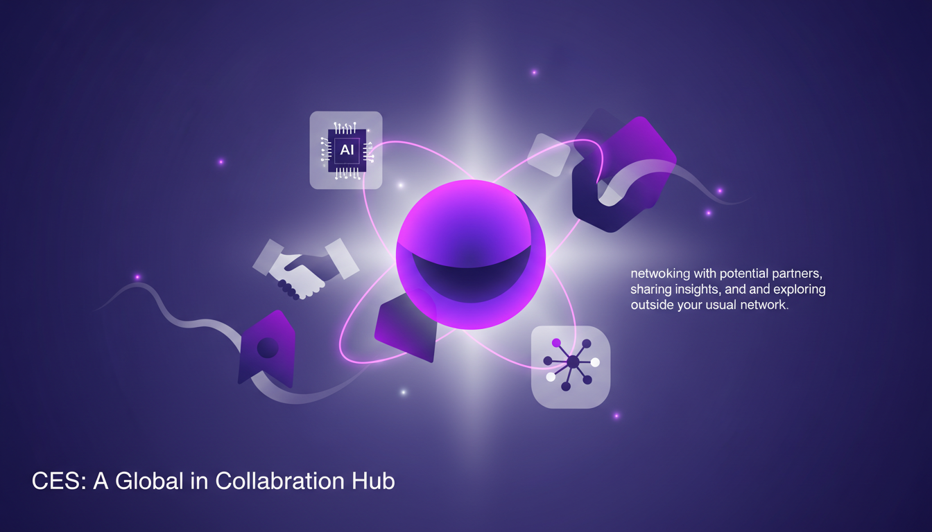 Modern illustration of CES depicting industry collaboration with geometric shapes and indigo, violet colors.