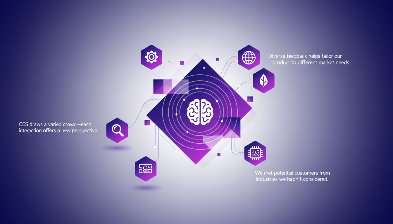 Modern illustration of exposure to diverse customers and partners, featuring geometric shapes and indigo to violet gradients.