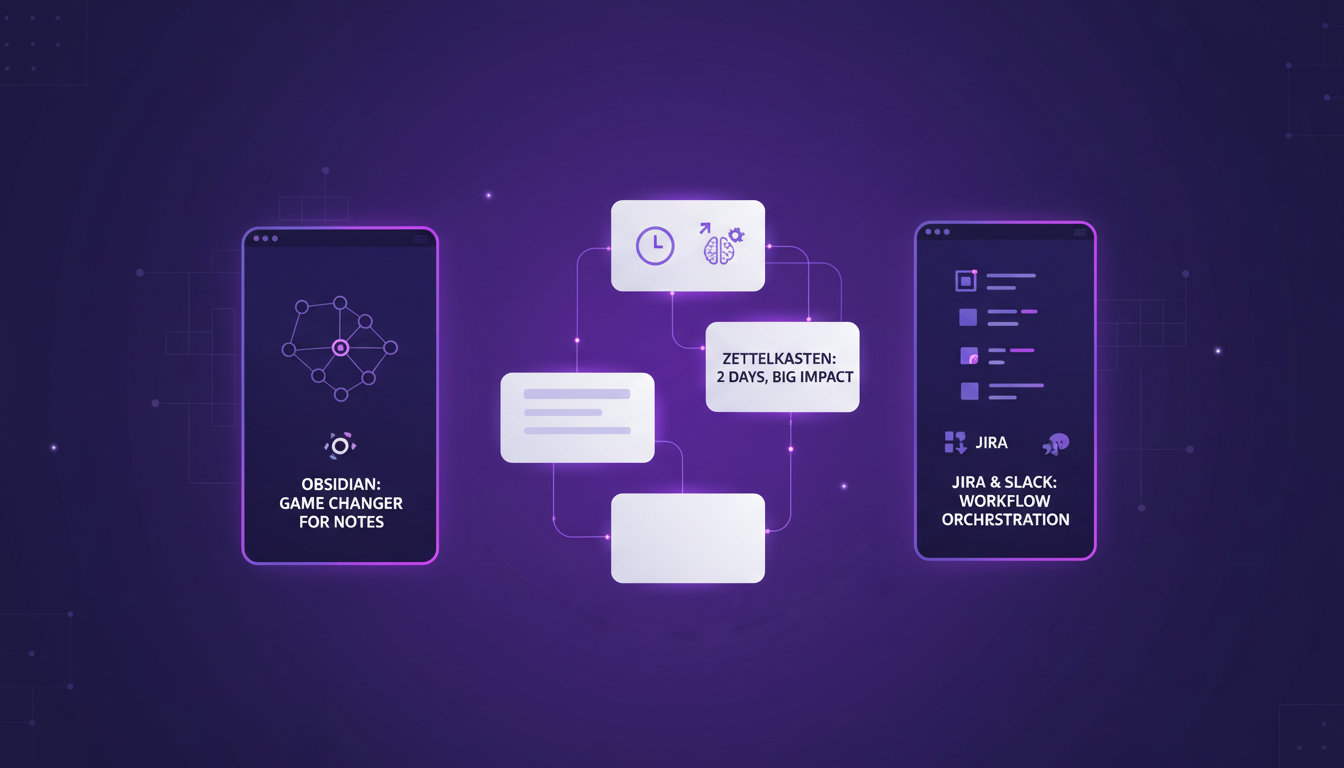 Modern illustration of experimenting with productivity tools using Zettelkasten, Obsidian, JIRA, and Slack in a minimalist style.