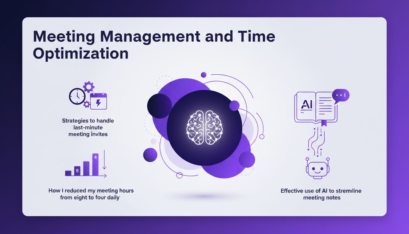 Modern illustration of meeting management and time optimization with AI, featuring geometric shapes, indigo and violet gradients.