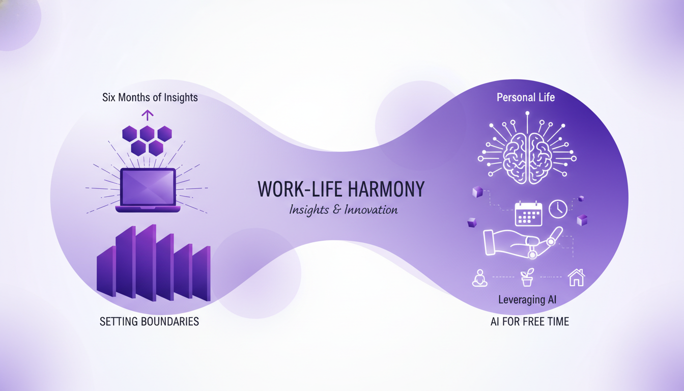 Modern illustration of balancing work and personal life, using AI to free up time, featuring geometric shapes and violet gradients.