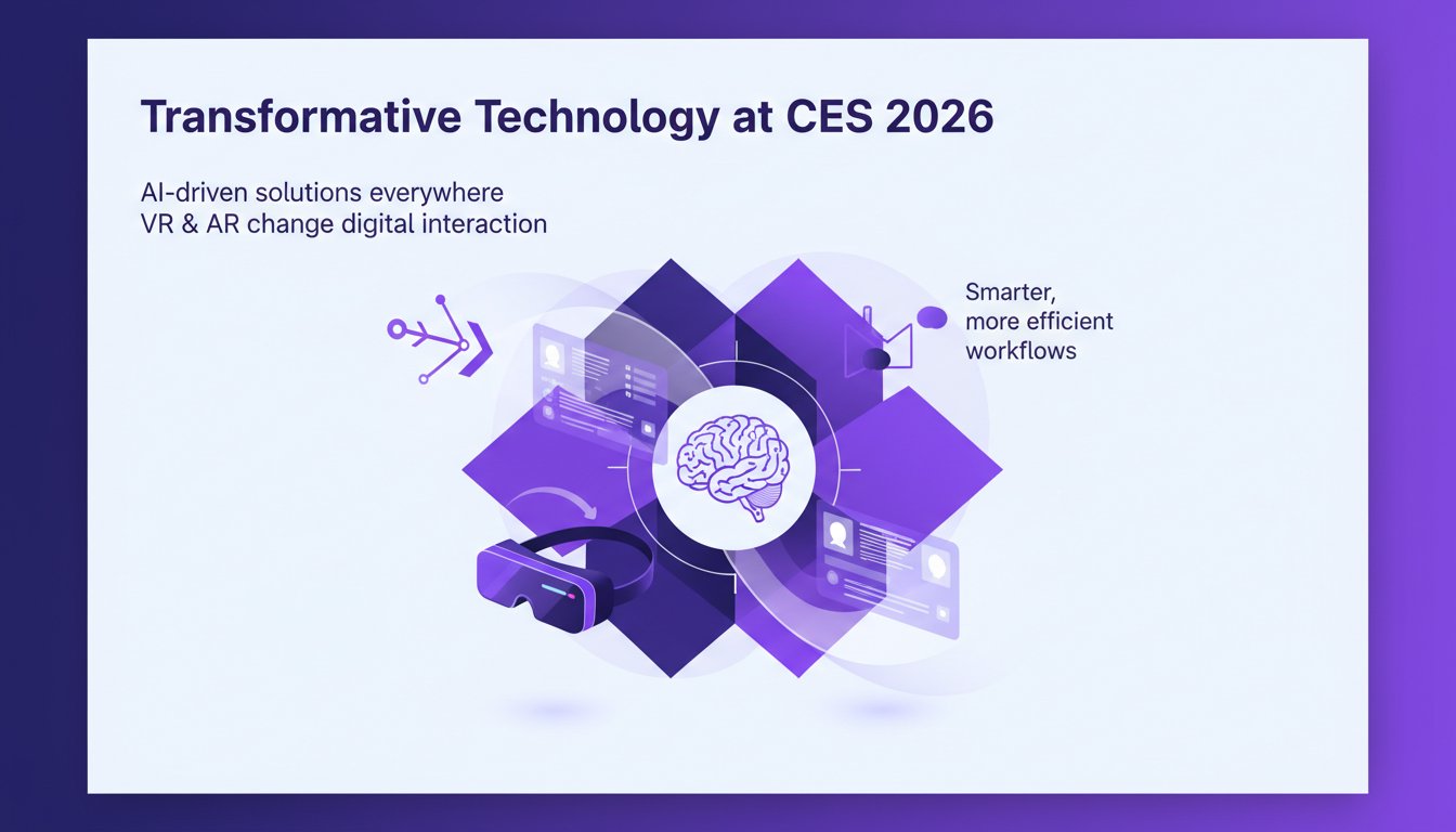 Modern illustration of transformative technology at CES 2026, highlighting AI, VR, and AR with geometric shapes and gradient overlays.