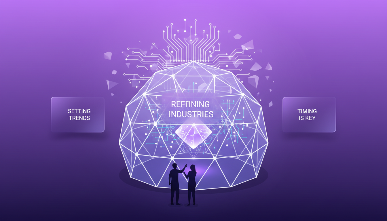 Modern illustration of groundbreaking AI technology unveiling, featuring geometric shapes and violet gradients.