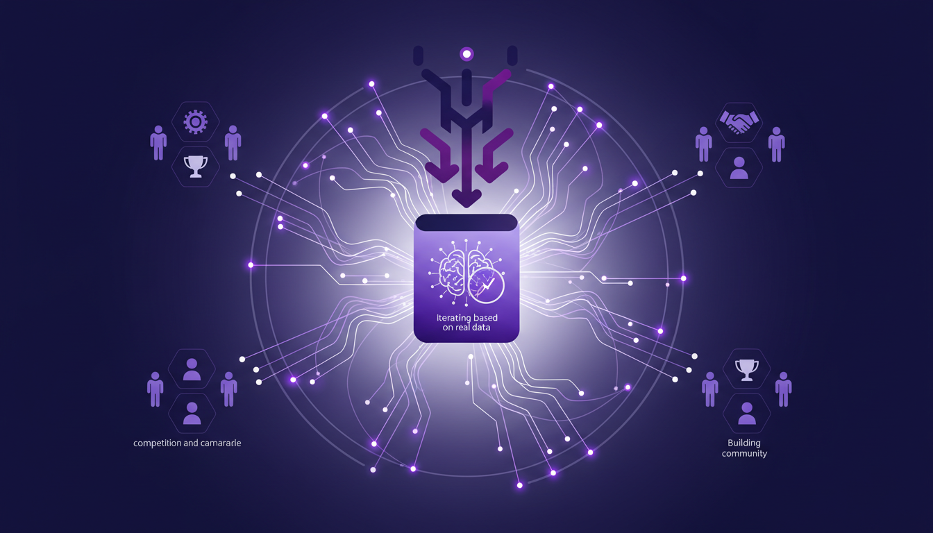 Modern illustration on creating beloved products with network effects, highlighting user feedback importance and engagement for app growth