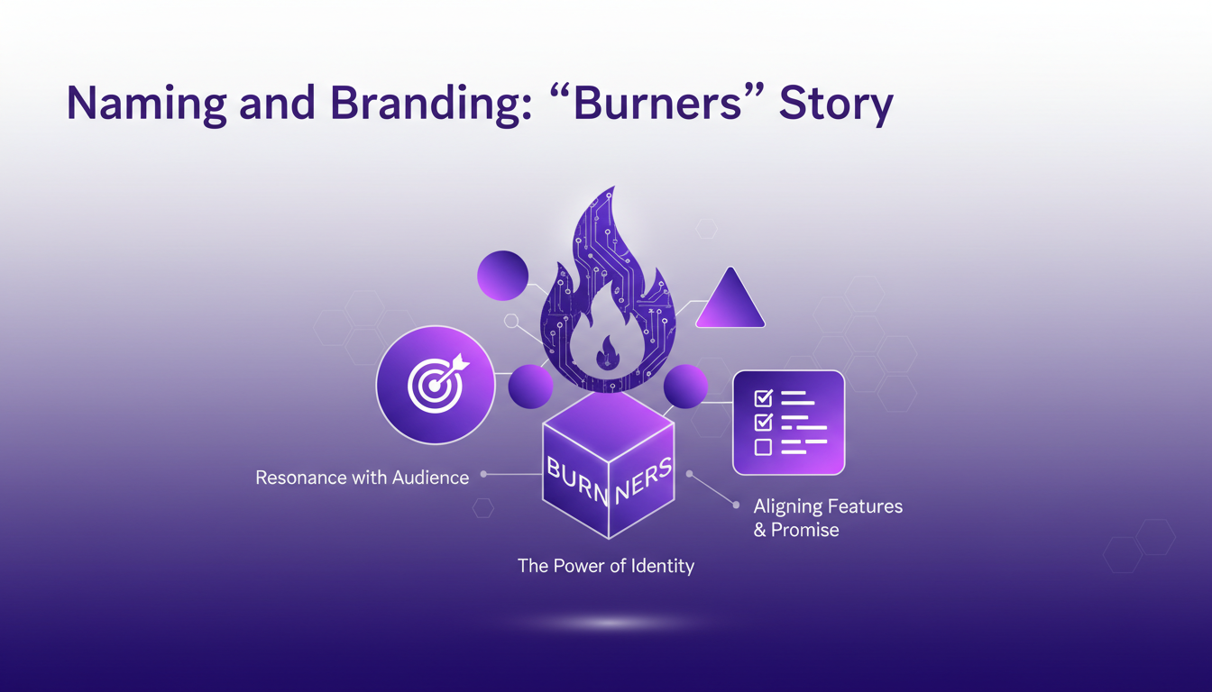 Modern illustration of 'Burners' brand identity with geometric shapes and gradients, symbolizing AI app success