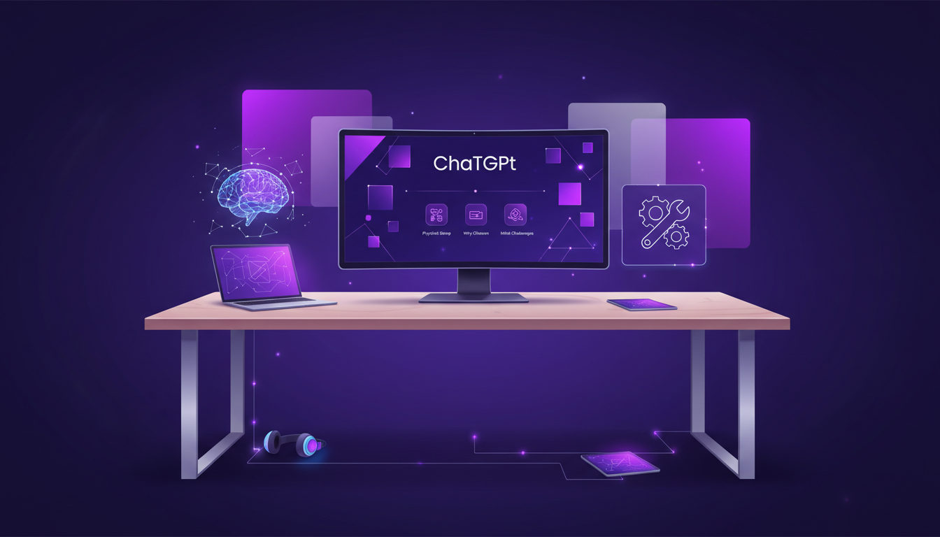 Illustration moderne d'un espace de travail intégrant ChatGPT, avec formes géométriques et dégradés violets, symbolisant l'innovation AI.