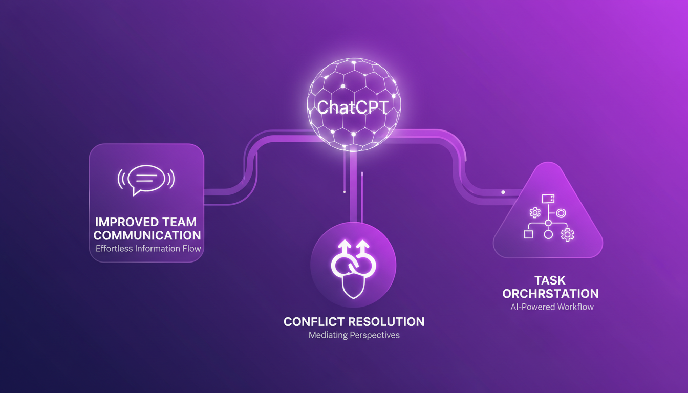 Illustration moderne de ChatGPT catalysant la communication d'équipe avec des formes géométriques et des dégradés violets.